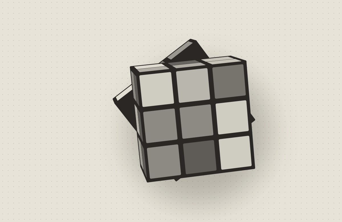 The Puzzle Cube screensaver in the Paper style: a dark cube on warm paper with a dotted grid behind it.