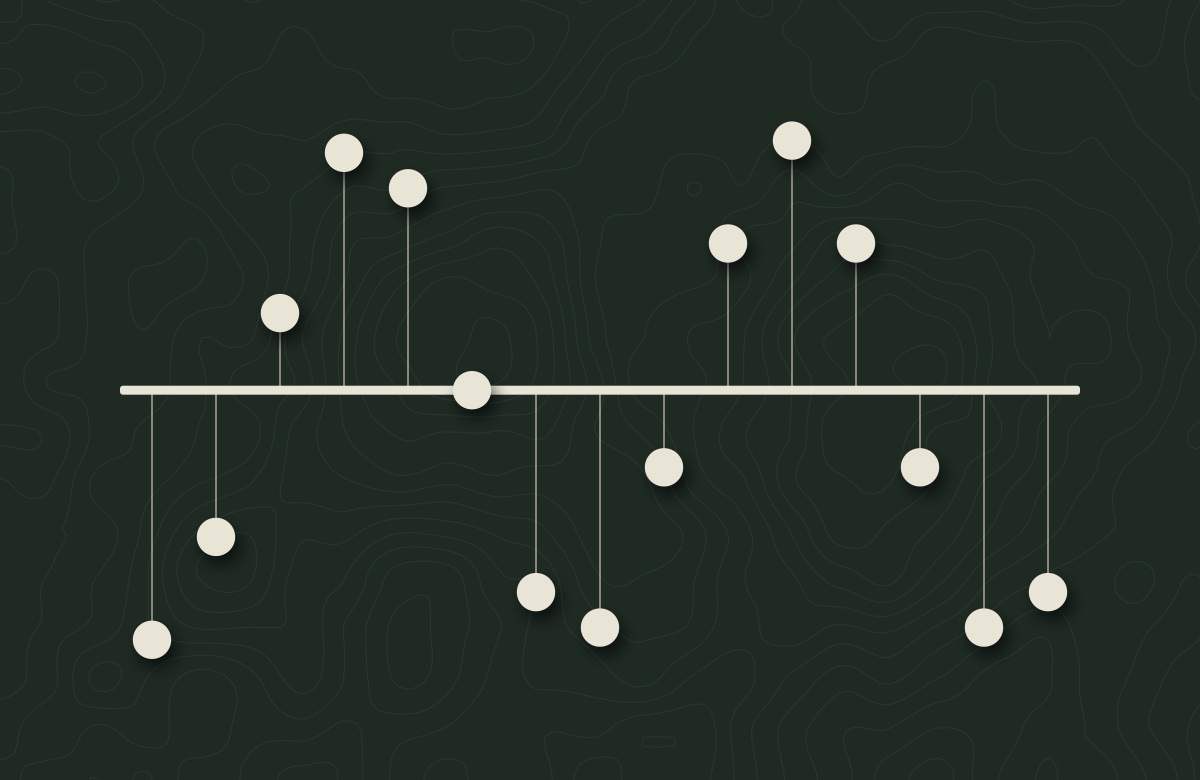 The Pendulum Wave screensaver in the Moss style: cream pendulums swinging out of step over a deep green map.