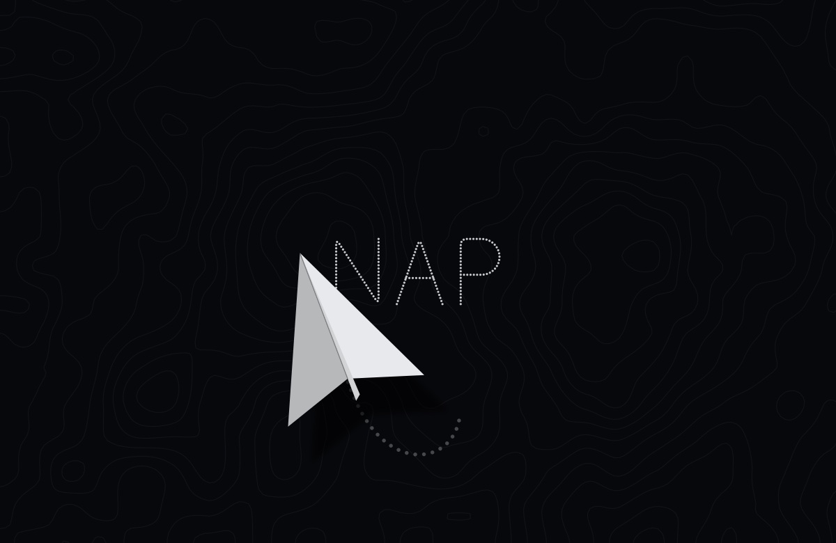 The Paper Plane screensaver in the Night style: a white paper plane over a near-black contour map, with the word Nap written in smoke.