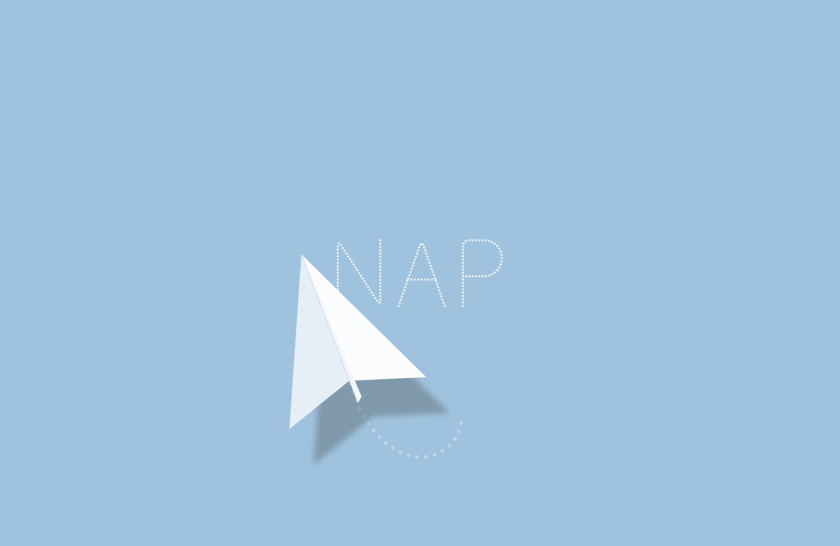 The Paper Plane screensaver in the Sky style: a white plane on flat sky blue, its smoke spelling Nap like real skywriting.