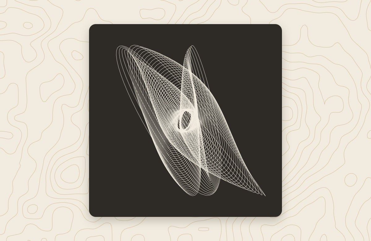 The Plotter screensaver in the Survey style: a pen drawing a looping harmonograph figure on a card.